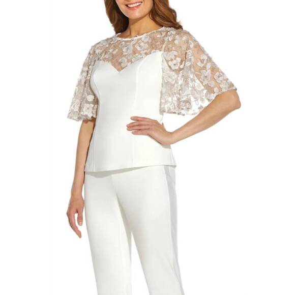 NEW ADRIANNA PAPELL bell sleeve zipper back illusion embroidered crepe top in iv